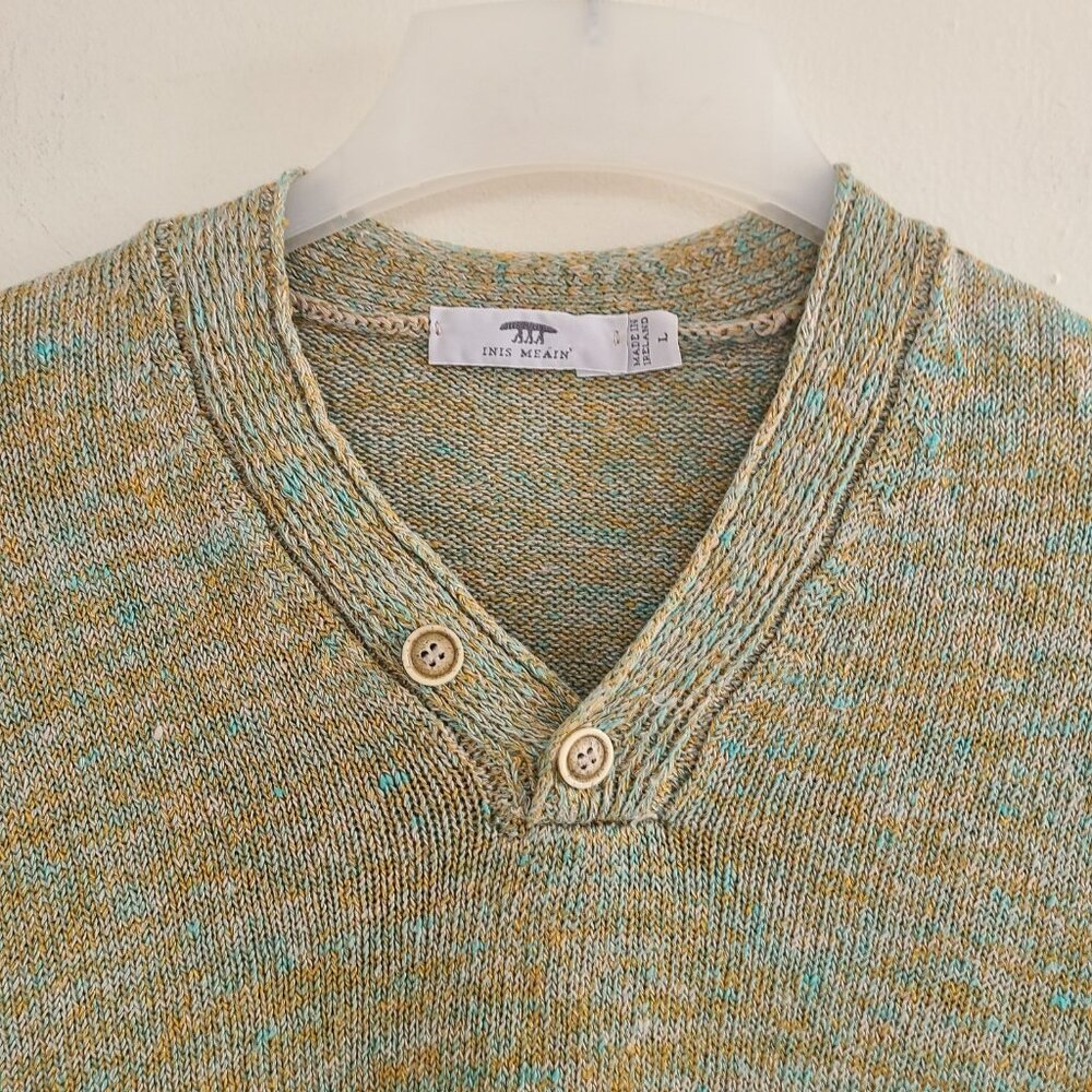 Inis Meain Linen Sweater V Neck Size L Green Ireland - Picture 8 of 8
